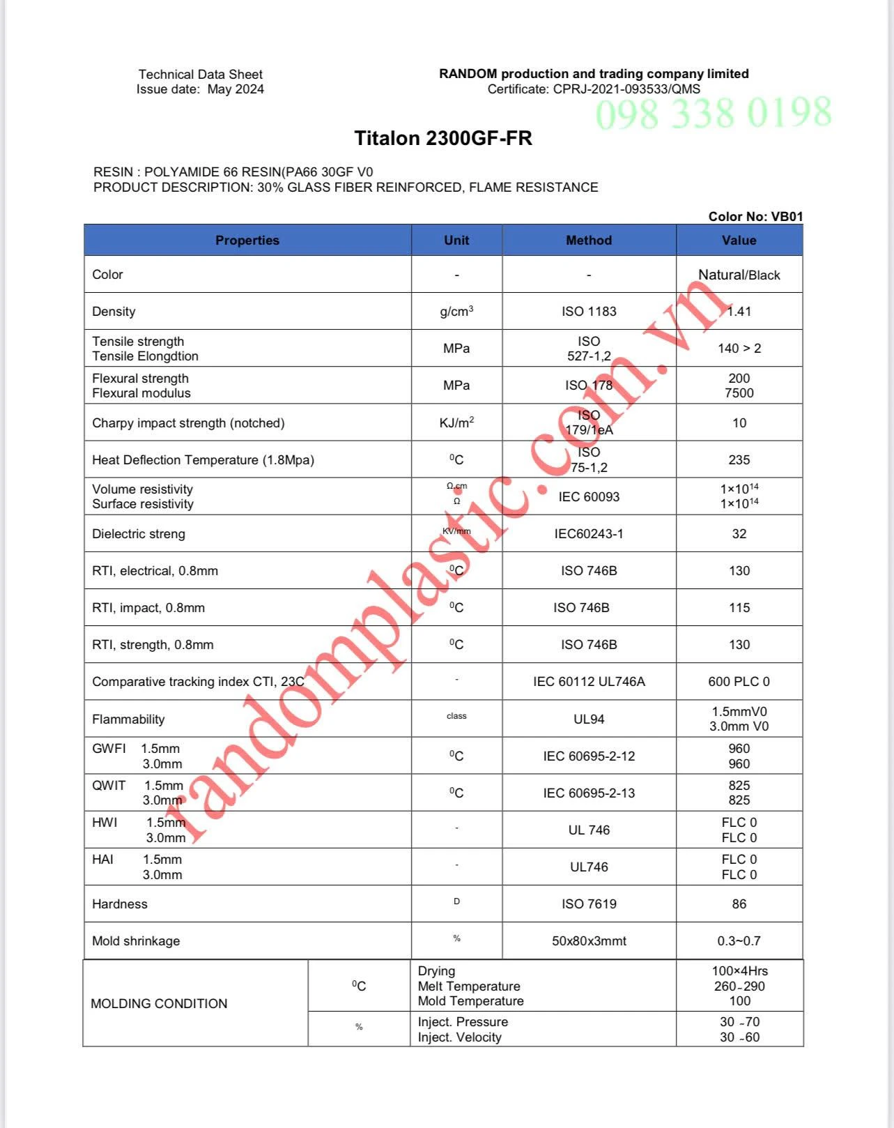 Hạt nhựa PA66 + 30%GF chống cháy V0